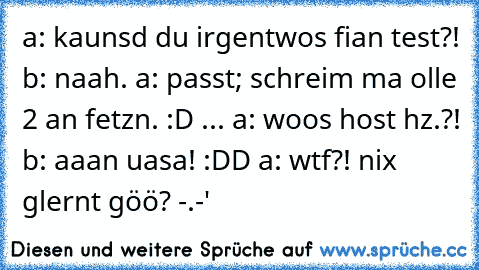 a: kaunsd du irgentwos fian test?! b: naah. a: passt; schreim ma olle 2 an fetzn. :D ... a: woos host hz.?! b: aaan uasa! :DD a: wtf?! nix glernt göö? -.-'