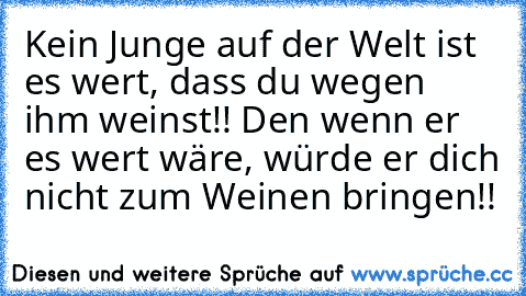 Kein Junge auf der Welt ist es wert, dass du wegen ihm weinst!! Den wenn er es wert wäre, würde er dich nicht zum Weinen bringen!!