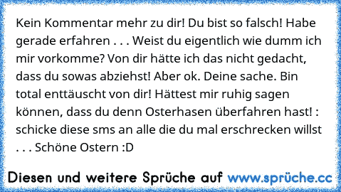 Kein Kommentar mehr zu dir! Du bist so falsch! Habe gerade erfahren . . . Weist du eigentlich wie dumm ich mir vorkomme? Von dir hätte ich das nicht gedacht, dass du sowas abziehst! Aber ok. Deine sache. Bin total enttäuscht von dir! Hättest mir ruhig sagen können, dass du denn Osterhasen überfahren hast! : schicke diese sms an alle die du mal erschrecken willst . . . Schöne Ostern :D