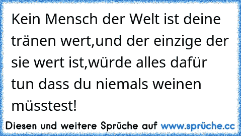 Kein Mensch der Welt ist deine tränen wert,und der einzige der sie wert ist,würde alles dafür tun dass du niemals weinen müsstest!