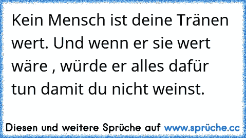 Kein Mensch ist deine Tränen wert. Und wenn er sie wert wäre , würde er alles dafür tun damit du nicht weinst.