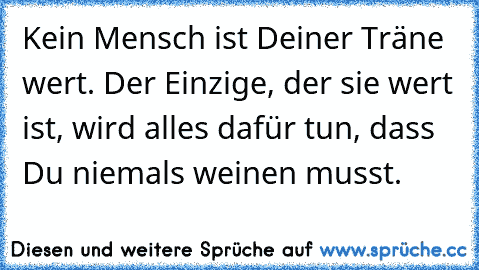 Kein Mensch ist Deiner Träne wert. Der Einzige, der sie wert ist, wird alles dafür tun, dass Du niemals weinen musst.