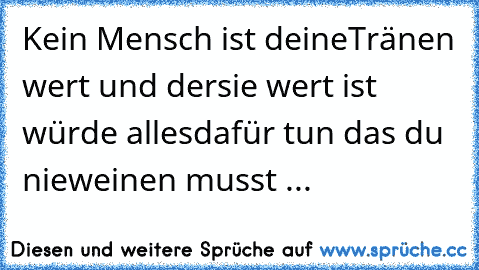 Kein Mensch ist deine
Tränen wert und der
sie wert ist würde alles
dafür tun das du nie
weinen musst ...