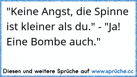 "Keine Angst, die Spinne ist kleiner als du." - "Ja! Eine Bombe auch."