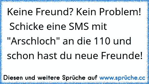 Keine Freund? Kein Problem!  Schicke eine SMS mit "Arschloch" an die 110 und schon hast du neue Freunde!