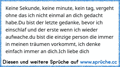 Keine Sekunde, keine minute, kein tag, vergeht ohne das ich nicht einmal an dich gedacht habe.
Du bist der letzte gedanke, bevor ich einschlaf und der erste wenn ich wieder aufwache.
du bist die einzige person die immer in meinen träumen vorkommt, ich denke einfach immer an dich.
Ich liebe dich ♥♥♥