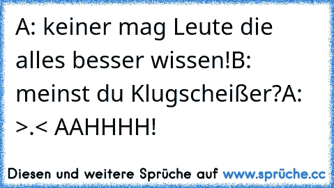 A: keiner mag Leute die alles besser wissen!
B: meinst du Klugscheißer?
A: >.< AAHHHH!