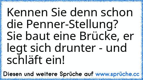 Kennen Sie denn schon die Penner-Stellung? Sie baut eine Brücke, er legt sich drunter - und schläft ein!