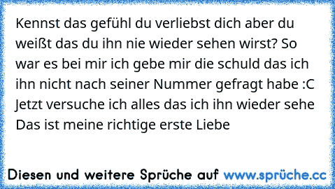 Kennst das gefühl du verliebst dich aber du weißt das du ihn nie wieder sehen wirst? So war es bei mir ich gebe mir die schuld das ich ihn nicht nach seiner Nummer gefragt habe :C Jetzt versuche ich alles das ich ihn wieder sehe ♥ Das ist meine richtige erste Liebe♥