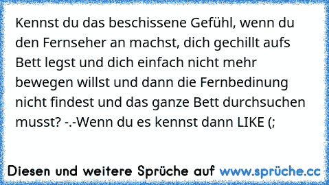 Kennst du das beschissene Gefühl, wenn du den Fernseher an machst, dich gechillt aufs Bett legst und dich einfach nicht mehr bewegen willst und dann die Fernbedinung nicht findest und das ganze Bett durchsuchen musst? -.-
Wenn du es kennst dann LIKE (;