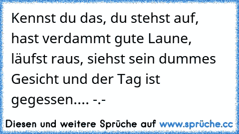 Kennst du das, du stehst auf, hast verdammt gute Laune, läufst raus, siehst sein dummes Gesicht und der Tag ist gegessen.... -.-