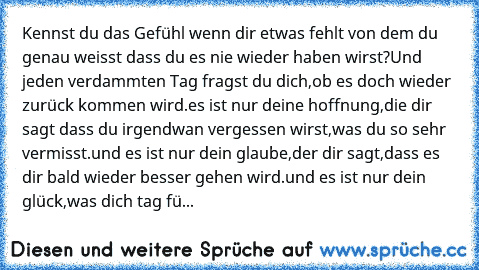 Kennst du das Gefühl wenn dir etwas fehlt von dem du genau weisst dass du es nie wieder haben wirst?Und jeden verdammten Tag fragst du dich,ob es doch wieder zurück kommen wird.es ist nur deine hoffnung,die dir sagt dass du irgendwan vergessen wirst,was du so sehr vermisst.und es ist nur dein glaube,der dir sagt,dass es dir bald wieder besser gehen wird.und es ist nur dein glück,was dich tag fü...