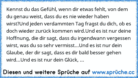 Kennst du das Gefühl, wenn dir etwas fehlt, von dem du genau weist, dass du es nie wieder haben wirst?
Und jeden verdammten Tag fragst du dich, ob es doch wieder zurück kommen wird.
Und es ist nur deine Hoffnung, die dir sagt, dass du irgendwann vergessen wirst, was du so sehr vermisst...
Und es ist nur dein Glaube, der dir sagt, dass es dir bald besser gehen wird...
Und es ist nur dein Glück, ...