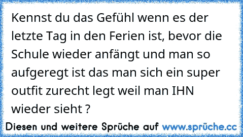 Kennst du das Gefühl wenn es der letzte Tag in den Ferien ist, bevor die Schule wieder anfängt und man so aufgeregt ist das man sich ein super outfit zurecht legt weil man IHN wieder sieht ?