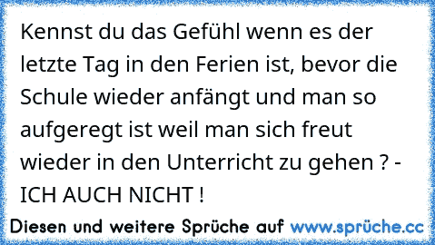 Kennst du das Gefühl wenn es der letzte Tag in den Ferien ist, bevor die Schule wieder anfängt und man so aufgeregt ist weil man sich freut wieder in den Unterricht zu gehen ? - ICH AUCH NICHT !