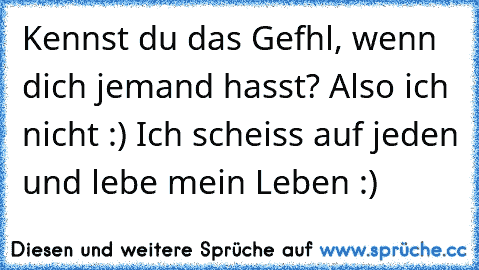 Kennst du das Gef�hl, wenn dich jemand hasst? Also ich nicht :) Ich scheiss auf jeden und lebe mein Leben :)