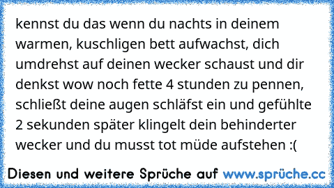 kennst du das wenn du nachts in deinem warmen, kuschligen bett aufwachst, dich umdrehst auf deinen wecker schaust und dir denkst wow noch fette 4 stunden zu pennen, schließt deine augen schläfst ein und gefühlte 2 sekunden später klingelt dein behinderter wecker und du musst tot müde aufstehen :(