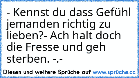 - Kennst du dass Gefühl jemanden richtig zu lieben?
- Ach halt doch die Fresse und geh sterben. -.-