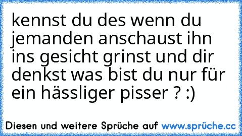 kennst du des wenn du jemanden anschaust ihn ins gesicht grinst und dir denkst was bist du nur für ein hässliger pisser ? :)