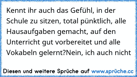 Kennt ihr auch das Gefühl, in der Schule zu sitzen, total pünktlich, alle Hausaufgaben gemacht, auf den Unterricht gut vorbereitet und alle Vokabeln gelernt?
Nein, ich auch nicht