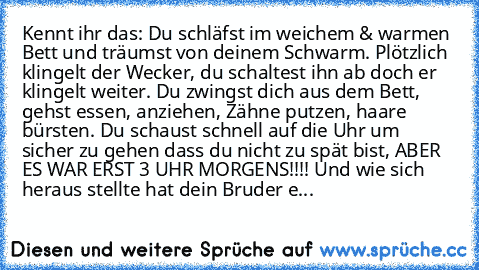 Kennt ihr das: Du schläfst im weichem & warmen Bett und träumst von deinem Schwarm. Plötzlich klingelt der Wecker, du schaltest ihn ab doch er klingelt weiter. Du zwingst dich aus dem Bett, gehst essen, anziehen, Zähne putzen, haare bürsten. Du schaust schnell auf die Uhr um sicher zu gehen dass du nicht zu spät bist, ABER ES WAR ERST 3 UHR MORGENS!!!! Und wie sich heraus stellte hat dein Brude...