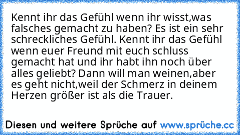 Kennt ihr das Gefühl wenn ihr wisst,was falsches gemacht zu haben? Es ist ein sehr schreckliches Gefühl. Kennt ihr das Gefühl wenn euer Freund mit euch schluss gemacht hat und ihr habt ihn noch über alles geliebt? Dann will man weinen,aber es geht nicht,weil der Schmerz in deinem Herzen größer ist als die Trauer.