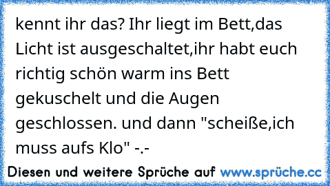 kennt ihr das? Ihr liegt im Bett,das Licht ist ausgeschaltet,ihr habt euch richtig schön warm ins Bett gekuschelt und die Augen geschlossen. und dann "scheiße,ich muss aufs Klo" -.-