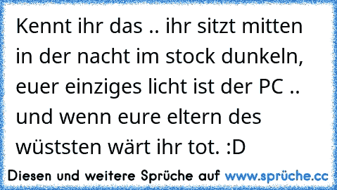 Kennt ihr das .. ihr sitzt mitten in der nacht im stock dunkeln, euer einziges licht ist der PC .. und wenn eure eltern des wüststen wärt ihr tot. :D