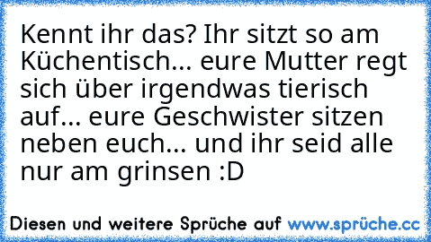 Kennt ihr das? Ihr sitzt so am Küchentisch... eure Mutter regt sich über irgendwas tierisch auf... eure Geschwister sitzen neben euch... und ihr seid alle nur am grinsen :D