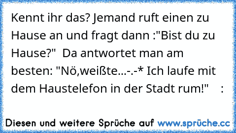 Kennt ihr das?
 Jemand ruft einen zu Hause an und fragt dann :"Bist du zu Hause?"  Da antwortet man am besten: "Nö,weißte...-.-* Ich laufe mit dem Haustelefon in der Stadt rum!"    :