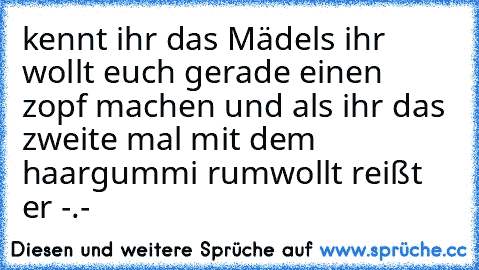 kennt ihr das Mädels ihr wollt euch gerade einen zopf machen und als ihr das zweite mal mit dem haargummi rumwollt reißt er -.-