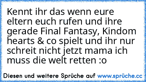 Kennt ihr das wenn eure eltern euch rufen und ihre gerade Final Fantasy, Kindom hearts & co spielt und ihr nur schreit nicht jetzt mama ich muss die welt retten :o ♥