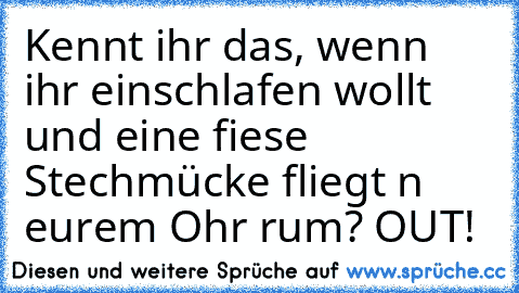 Kennt ihr das, wenn ihr einschlafen wollt und eine fiese Stechmücke fliegt n eurem Ohr rum? OUT!