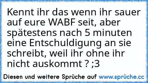 Kennt ihr das wenn ihr sauer auf eure WABF seit, aber spätestens nach 5 minuten eine Entschuldigung an sie schreibt, weil ihr ohne ihr nicht auskommt ? ;3