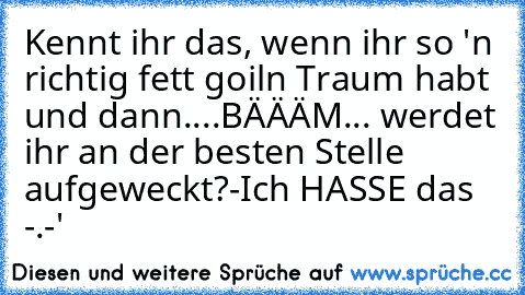 Kennt ihr das, wenn ihr so 'n richtig fett goiln Traum habt und dann....BÄÄÄM... werdet ihr an der besten Stelle aufgeweckt?
-Ich HASSE das -.-'