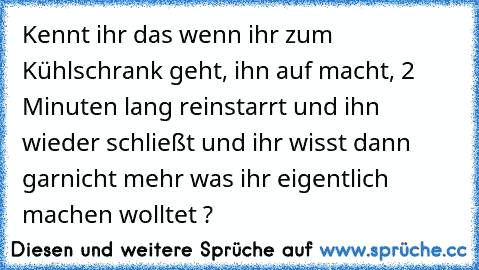 Kennt ihr das wenn ihr zum Kühlschrank geht, ihn auf macht, 2 Minuten lang reinstarrt und ihn wieder schließt und ihr wisst dann garnicht mehr was ihr eigentlich machen wolltet ?