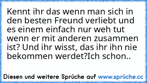 Kennt ihr das wenn man sich in den besten Freund verliebt und es einem einfach nur weh tut wenn er mit anderen zusammen ist? Und ihr wisst, das ihr ihn nie bekommen werdet?
Ich schon..