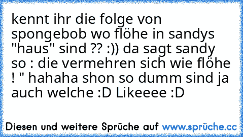 kennt ihr die folge von spongebob wo flöhe in sandys "haus" sind ?? :)) da sagt sandy so : die vermehren sich wie flöhe ! " hahaha shon so dumm sind ja auch welche :D 
Likeeee :D