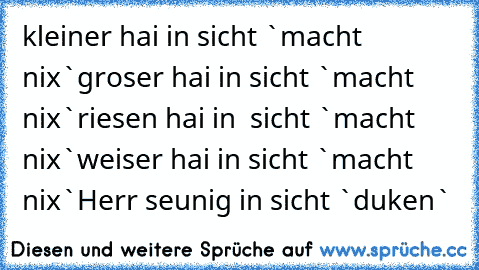 kleiner hai in sicht `macht nix`
groser hai in sicht `macht nix`
riesen hai in  sicht `macht nix`
weiser hai in sicht `macht nix`
Herr seunig in sicht `duken`