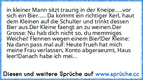 in kleiner Mann sitzt traurig in der Kneipe.....vor sich ein Bier..... Da kommt ein richtiger Kerl, haut dem Kleinen auf die Schulter und trinkt dessen Bier aus.
Der Kleine faengt an zu weinen.
Der Grosse: Nu hab dich nicht so, du memmiges Weichei! Flennen wegen einem Bier!
Der Kleine: Na dann pass mal auf: Heute frueh hat mich meine Frau verlassen, Konto abgeraeumt, Haus leer!
Danach habe ich mei...