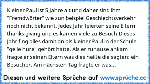 Kleiner Paul ist 5 Jahre alt und daher sind ihm "Fremdwörter" wie zun beispiel Geschlechtsverkehr noch nicht bekannt. Jedes Jahr feierten seine Eltern thanks giving und es kamen viele zu Besuch.
Dieses Jahr fing alles damit an als kleiner Paul in der Schule "geile hure" gehört hatte. Als er zuhause ankam fragte er seinen Eltern was dies heiße die sagten: ein Besucher. Am nächsten Tag fragte er ...