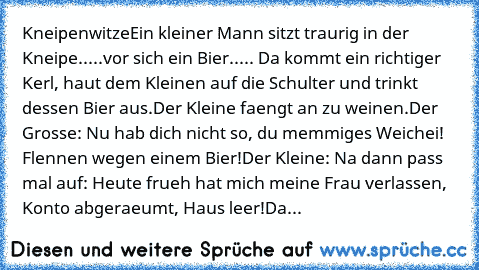 Kneipenwitze
Ein kleiner Mann sitzt traurig in der Kneipe.....vor sich ein Bier..... Da kommt ein richtiger Kerl, haut dem Kleinen auf die Schulter und trinkt dessen Bier aus.
Der Kleine faengt an zu weinen.
Der Grosse: Nu hab dich nicht so, du memmiges Weichei! Flennen wegen einem Bier!
Der Kleine: Na dann pass mal auf: Heute frueh hat mich meine Frau verlassen, Konto abgeraeumt, Haus leer!
Danac...