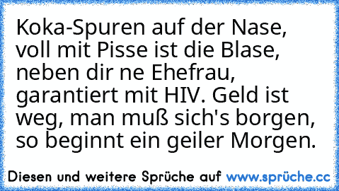 Koka-Spuren auf der Nase, voll mit Pisse ist die Blase, neben dir ne Ehefrau, garantiert mit HIV. Geld ist weg, man muß sich's borgen, so beginnt ein geiler Morgen.