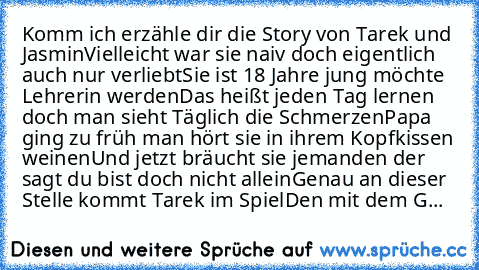 Komm ich erzähle dir die Story von Tarek und Jasmin
Vielleicht war sie naiv doch eigentlich auch nur verliebt
Sie ist 18 Jahre jung möchte Lehrerin werden
Das heißt jeden Tag lernen doch man sieht Täglich die Schmerzen
Papa ging zu früh man hört sie in ihrem Kopfkissen weinen
Und jetzt bräucht sie jemanden der sagt du bist doch nicht allein
Genau an dieser Stelle kommt Tarek im Spiel
Den mit dem G...