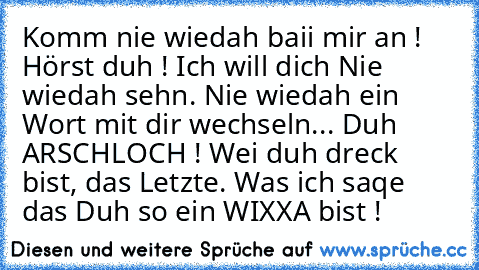 Komm nie wiedah baii mir an ! Hörst duh ! Ich will dich Nie wiedah sehn. Nie wiedah ein Wort mit dir wechseln... Duh ARSCHLOCH ! Wei duh dreck bist, das Letzte. Was ich saqe das Duh so ein WIXXA bist !