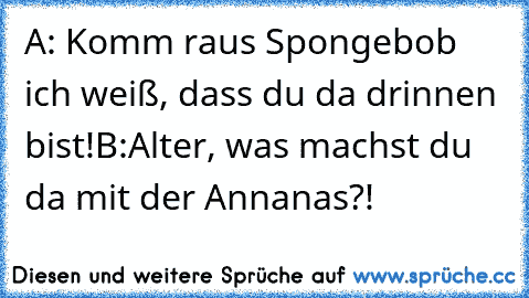 A: Komm raus Spongebob ich weiß, dass du da drinnen bist!
B:Alter, was machst du da mit der Annanas?!