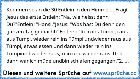 Kommen so an die 30 Entlein in den Himmel....
Fragt Jesus das erste Entlein: "Na, wie heisst denn Du?"
Entlein: "Hansi."
Jesus: "Was hast Du denn den ganzen Tag gemacht?"
Entlein: "Rein ins Tümpi, raus aus Tümpi, wieder rein ins Tümpi und
wieder raus aus Tümpi, etwas essen und dann wieder rein ins Tümpi
und wieder raus, rein und wieder raus. Und dann war ich müde und
bin schlafen gegangen."
2. ...