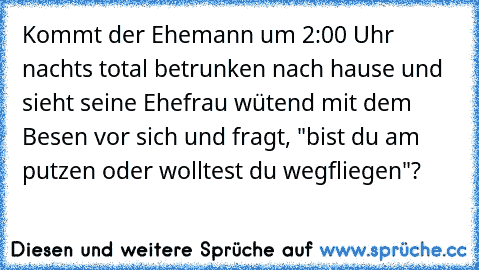 Kommt der Ehemann um 2:00 Uhr nachts total betrunken nach hause und sieht seine Ehefrau wütend mit dem Besen vor sich und fragt, "bist du am putzen oder wolltest du wegfliegen"?