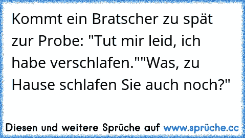 Kommt ein Bratscher zu spät zur Probe: "Tut mir leid, ich habe verschlafen."
"Was, zu Hause schlafen Sie auch noch?"