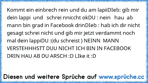 Kommt ein einbrech rein und du am lapii
DIeb: gib mir dein lappi  und   schrei nniccht ok
DU : nein   hau  ab mann bin grad in Facebook drin
DIeb : hab ich dir nicht  gesagt schrei nicht und gib mir jetzt verdammt noch mal dein lappi
DU :(du schreist ) NEINN  MANN VERSTEHHHSTT DUU NICHT ICH BIN IN FACEBOOK DRIN HAU AB DU ARSCH :D LIke it :D